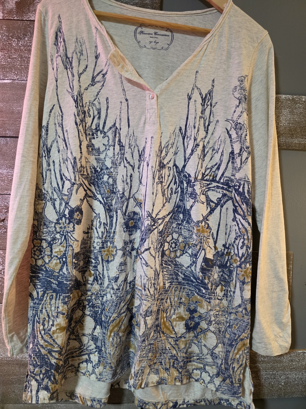 Peruvian Connection Cream Long-Sleeve Floral Henley with Blue and Gold Print